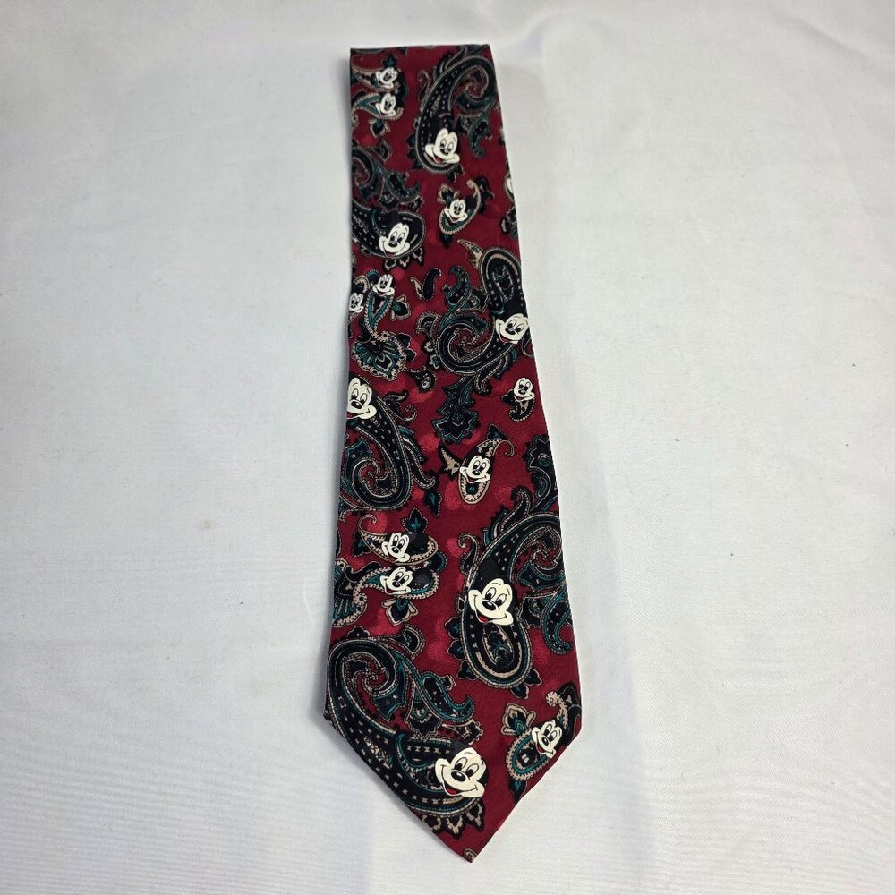 Men's Mickey Mouse Novelty Tie Red with Green Black Paisley Print